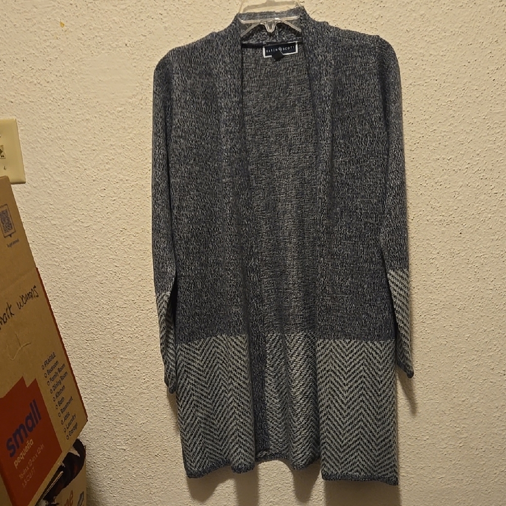 B11 Karen Scott Gray Open Front Long Cardigan Sweater Sz S
